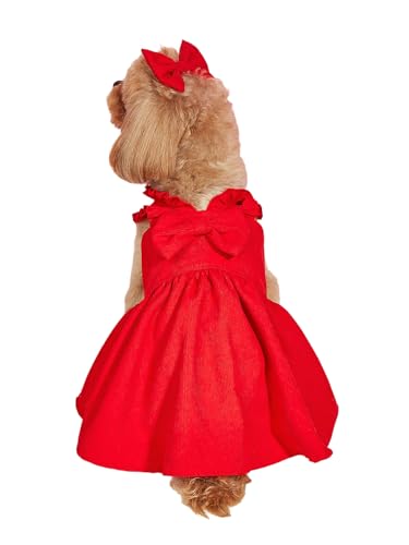 GORGLITTER Bow Dog Dress Ruffle Trim Princess Dress Pet Clothes with Bow Clip Red Small