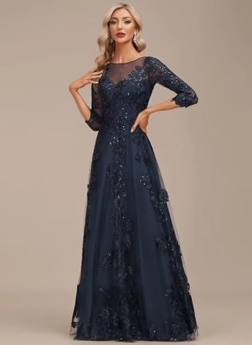 Lace Mother of The Bride Dress Long for Wedding Party Guest 3/4 Sleeves Formal Evening Gown JH0283