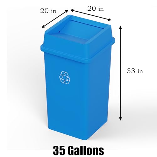 Image of 35 Gallon Blue Square Commercial Trash Garbage Can with Lid | Outdoor Office Restaurant School Kitchen