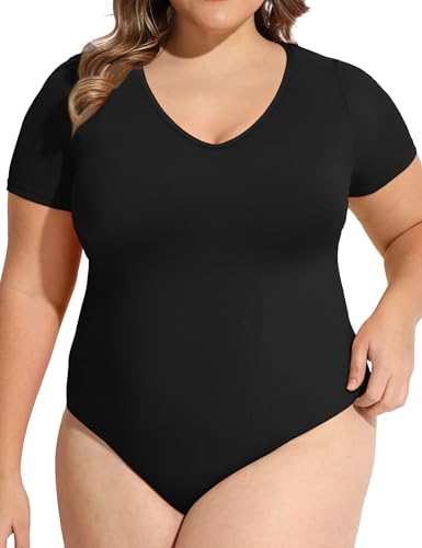 COOTRY Plus Size Short Sleeve Bodysuits for Women V Neck Body Suit Tops Basic One Piece Bodysuit T Shirt