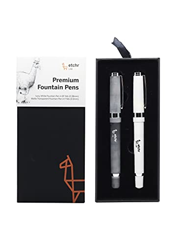 ETCHR Fountain Pen Set - 2 Fountain Pens for Writing - Calligraphy Pens in Ivory White & Matte Transparent - Luxury Fountain Pen with 2 Different Nibs - Refillable Pens for Journaling - 2 Writing Pens