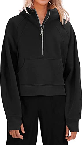Ebifin Sudadera con capucha y media cremallera para mujer, con forro polar, sudadera atlética con capucha recortada de manga larga, Negro, S