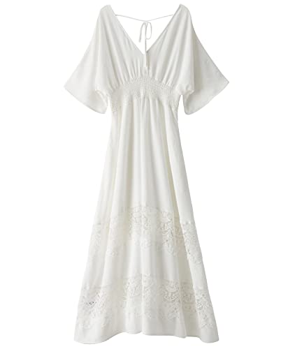 Women's Lace Maxi Dress Short Sleeve V Neck Party Dress Smocked Waist Boho Maxi Dress Bohemian Dress for Women2