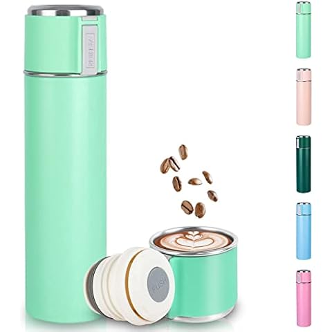 Stainless Steel Water Bottle, 500ml Vacuum Flask, Leakproof Insulated Travel Mug with Lid & Hidden Handle, Reusable Drinks Bottles Coffee Cup Keeps 12h Hot & Cold Suitable for Sports/Work/Travel, Cyan Cover