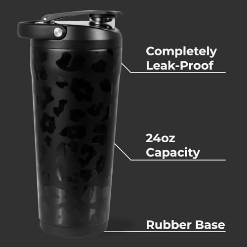 Image of HydroJug Insulated Protein Shaker Bottle 24oz, Silent Mixing, Black Leopard
