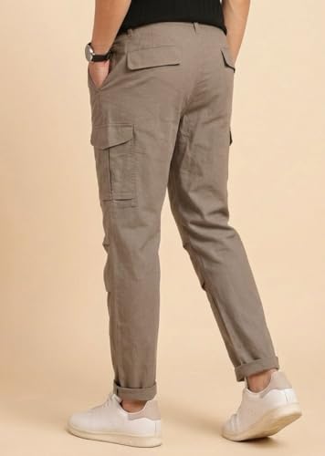 Image of Vogaan Men Cotton Linen Blend Cargo Pants | Mid Rise Regular Fit Casual Trousers | Multi Pocket Utility Bottom Wear | Comfortable Breathable Fabric Travel Outdoor Styling