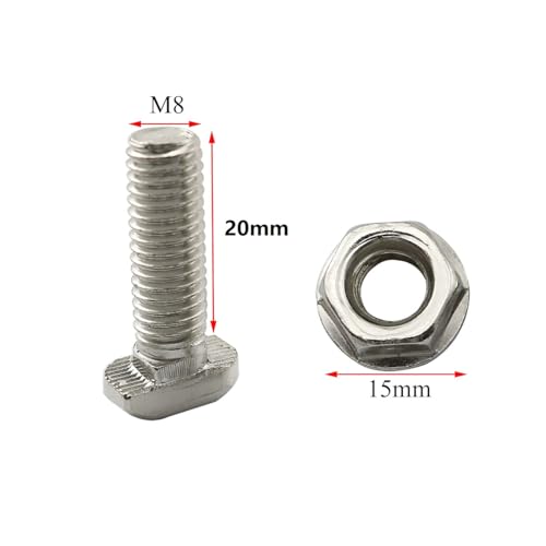 PZRT 8pcs M8x20mm Hammer Head Bolt T Screw, M8 Hexagon Flange Nuts Set, Carbon Steel Nickel Plated for 3030 Series Standard T-Slot Aluminum Profile - Thumbnail 4