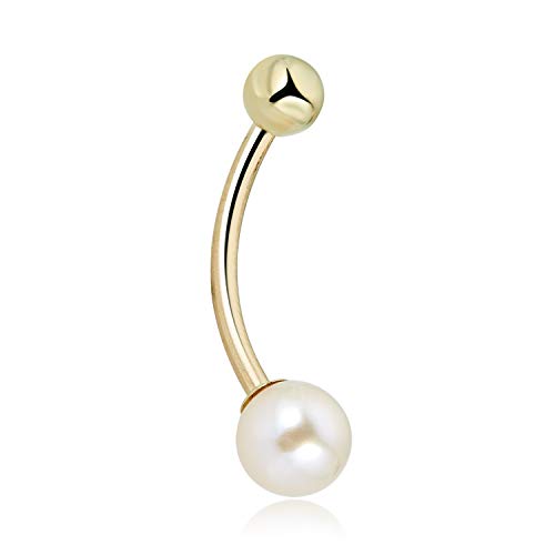 Image of AVORA 10K Yellow /White Gold Freshwater Pearl Belly Button Ring Body Jewelry (14 Gauge)