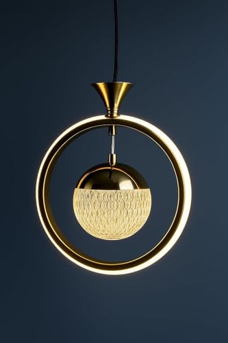 Image of Modern LED Ring Pendant Light with Textured Glass Globe - 3 Color Changing (White /Warm /Natural White) - Adjustable Hanging Ceiling Light for Bedroom, Living Room & Dining