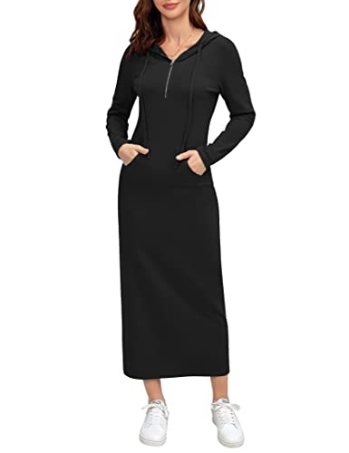 Image of MISSKY Women Casual Pocket Quarter-Zip Neck 3 /4 Sleeve Slim Split Pullover Hoodie Maxi Dress