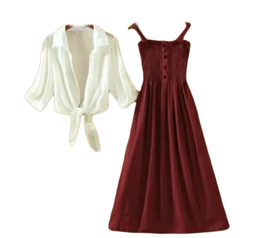 Image of Women's Solid Sleeveless Midi Dress with White Outer Jacket