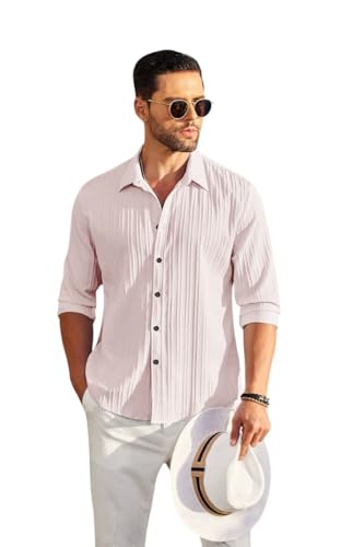 Image of DEELMO Men's Casual Button Down Shirts Long Sleeve Linen Shirt Fashion Textured Beach Summer Shirt