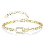 Tennis - Pulsera para mujer, plata y oro, doble círculo entrelazado con rio, circonita, joyas para mujer, cumpleaños, día de la madre, graduación, cadena ajustable de 16 +5 cm, estilo elegante para
