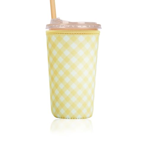 Image of Reusable Insulated Sleeve for Iced Coffee Cup, Coffee Neoprene Sleeve for Cold & Hot Drinks, Beverage Holder for Iced Coffee (Yellow Gingham, Large: 32oz)