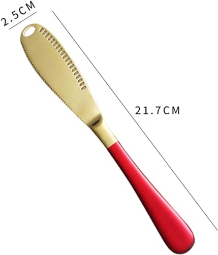 Image of Butter Spreader Knife, Stainless Steel, 3 in 1 Kitchen Gadgets, Curler, Butter Grater, Shredding Slots and with Serrated Edge Knife with Hole(Gold-Red, Pack of 1)