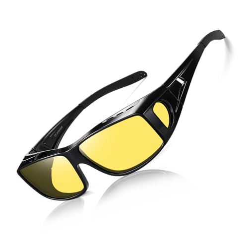 Wzerry Night Driving Glasses for Men Women Fit Over Sunglasses Anti Glare Polarized HD Night Vision Glasses(Glossy Black Frame/Night Vision Lens)