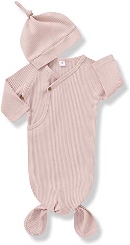Unisex Baby Striped Cotton Sleeper Gowns with Cap Long Knotted Sleeping Bag (Skin Pink, 0-3 Months)