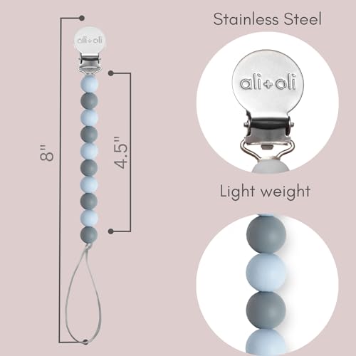 Image of Ali+Oli Silicone Pacifier Clip for Baby (Thin Iron) 100% Food-Grade BPA Free Newborn Pacifier Holder Infant Binky Clip for Baby Boy or Girl | Food-grade material, Keeps soothers within reach, Secure attachment, Lightweight, Everyday use, Easy cleaning