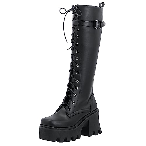 Image of Parisuit Women's Knee High Goth Platform Boots Lace Up Combat Boots