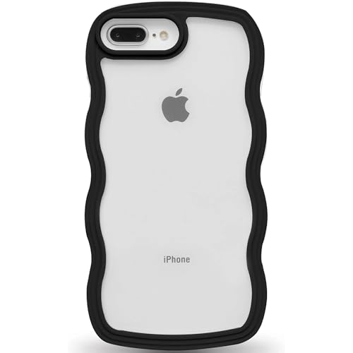Image of GoldKart iPhone 7 Plus / 8 Plus Case Wavy Edge Clear Back Design, Anti-Slip Grip Cute Wave Curly Frame Shape Shockproof Soft TPU & Hard PC Bumper Protective Phone Case Cover for Women Girls - Black