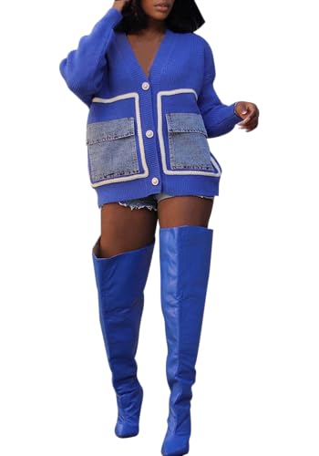Women's Loose Cardigan Sweaters Button Down V Neck Knit Sweater Streetwear with Denim Pockets Patchwork