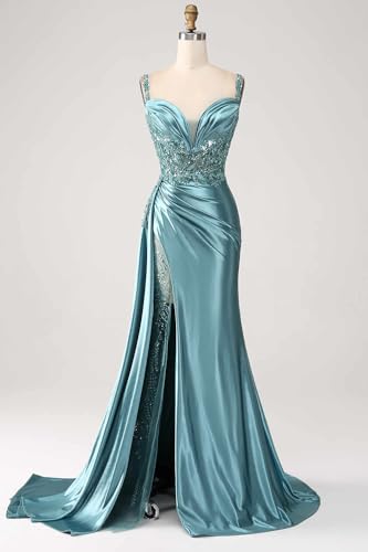POMUYOO Satin Prom Dresses 2025 Sparkly Sweetheart Long Mermaid Evening Gown with Slit Pleated Formal Dress2