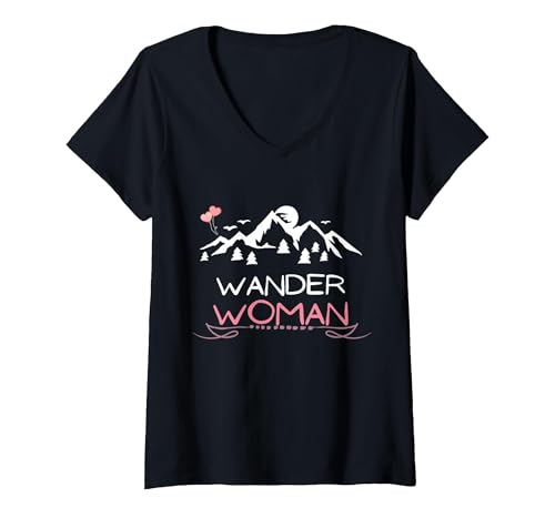 Damen Wander Woman Berg Mädel Outdoor Hobby Geschenk Frauen Natur T-Shirt mit V-Ausschnitt, Schwarz, M