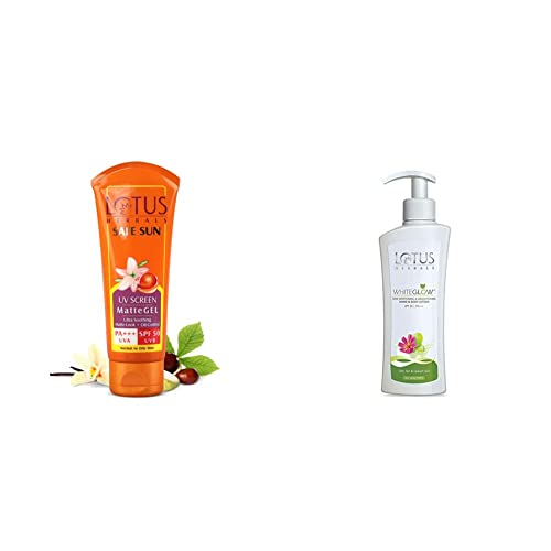 Lotus Herbals Safe Sun UV Screen Matte Gel, SPF 50, 100g & White Glow Skin Whitening & Brightening SPF-25 Hand & Body Lotion, 300ml