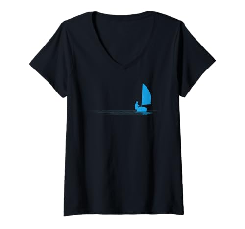 Damen Opti Segelboot Segeln Dinghy Boot Segler Silhouette T-Shirt mit V-Ausschnitt