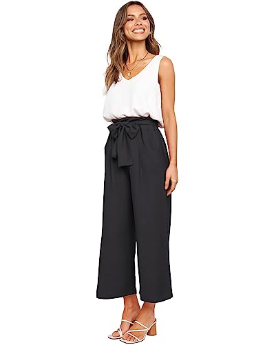 FANCYINN Womens 2 Piece Set V Neck Tank Wide Strap Tops High Waisted Cropped Paper Bag Pants with Belt2