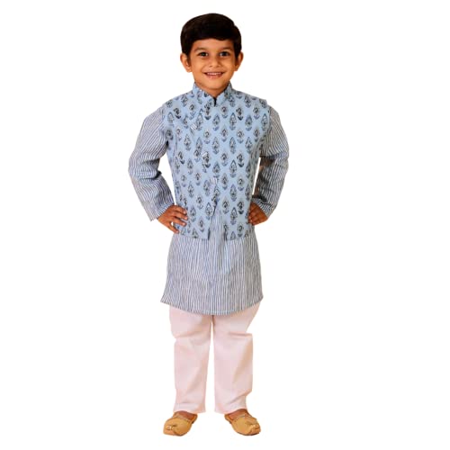 Image of The Mom Store Boys Printed Cotton Kurta Pajama Set With Jacket | Soft And Comfortable Ethnic Wear For Baby /Kids Boys | Full Sleeves Kurta Pyjama Set | Traditional Indian Outfit