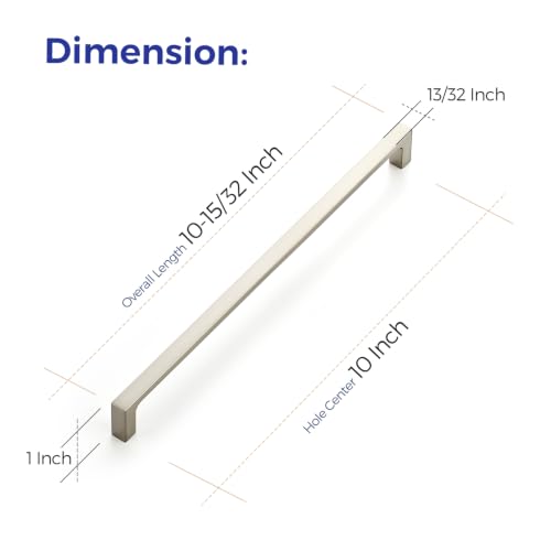 Image of Ravinte Brushed Nickel Kitchen Cabinet Solid Handles,10 Inch,5 Pack | Solid Zinc Alloy, Modern Slim Style, Square Design, Deep-Thread Firm Base, Screws Included, for Kitchen Drawers & Cupboards