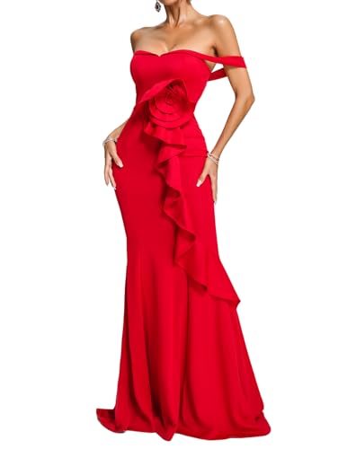 Amazon.com: Flower Off Shoulder Dress Rose Maxi Ruffle Dress Elegant  Bodycon Dress Red Wedding Dress Prom Dress Garden Party Dress Summer Evening  Dress : Clothing, Shoes & Jewelry