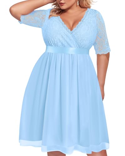 Image of Pinup Fashion Plus Size Lace Chiffon Wrap V Neck Dresses Women Cocktail Wedding Guest Midi Dress