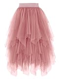 PUKAVT Tulle Skirts for Women High Waist Elastic Midi Skirt A-line Irregular Layered Mesh Tutu Skirts Blush Pink XL