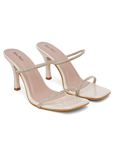 Image of Women's & Girls | Patent stylish Slip-On High Heels with Rhinestone Straps | Elegant Square Toe Fashion Sandals for Women | Comfortable Heeled Footwear for Weddings