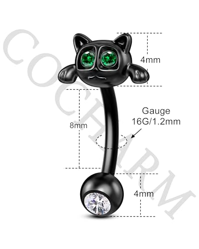 Cocharm COCART044-CAT-BK8MM Cute Black Halloween Rook Piercing Jewelry 16G Cat Rook Earrings 8Mm Stainless Steel Rook Jewelry 16G Rook Piercing Dainty Rook Bar Black Rook Barbell thumb #2