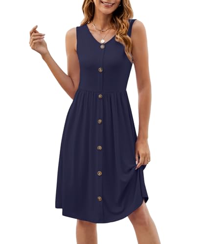 Image of KUOTAI Womens Summer Dresses Sleeveless Casual Loose Swing Button Down Midi Dress V-Neck Flowy A-Line Sundress