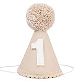 TERJIO Boys 1st Birthday Cone Hat - One Year Old Boy Birthday Decorations, Cake Smash Party Photo Props,Simple First Birthday Party Hat,Conical Hat With Pom Ball.(Khaki 1st Birthday Cone Hat)