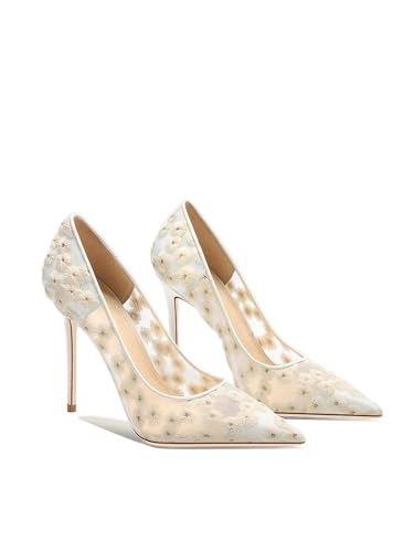 MissHeel White Daisy Embroidered Wedding Heels Pointed Toe Pumps2