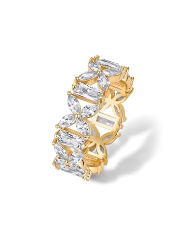 PAVOI 14K Yellow Gold Plated Marquise Eternity Rings for Women - Cubic Zirconia Chunky Stackable Wedding Ring - Statement Baguette CZ Gold Wedding Bands for Women - Promise Band Bridal Jewelry - Size 5