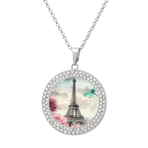 VstaDank Collar con colgante de torre francesa de libélula, collar de disco delicado, gargantilla de aleación, regalo para mujer, joyería de diamantes de cristal de moda para fiesta, fecha, Navidad