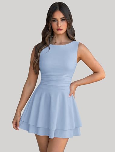 Image of IWD Women's Boat Neck Sleeveless Mini Dress Ruched Waist Flowy Tiered Ruffle Hem A Line Party Short Dresses