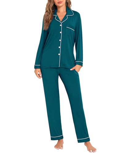 Image of Women's Pajama Sets Long Sleeve Sleepwear Button Up Shirt With Pajama Pants Soft Pjs Lounge Sets