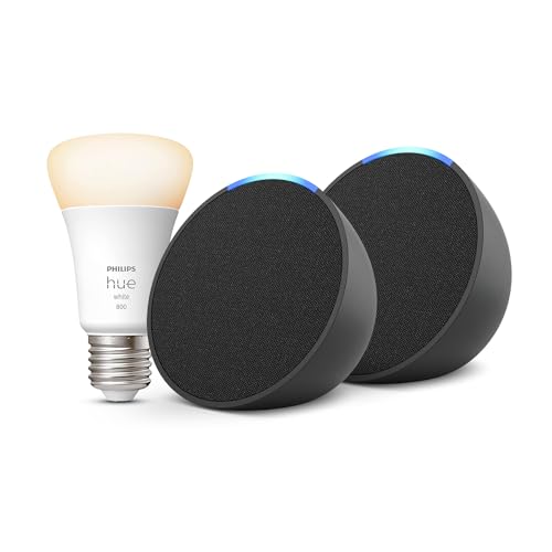 Echo Pop | Anthrazit, 2er pack + Philips Hue White Smart Bulb (E27), Funktionert mit Alexa - Smart Home-Einsteigerpaket