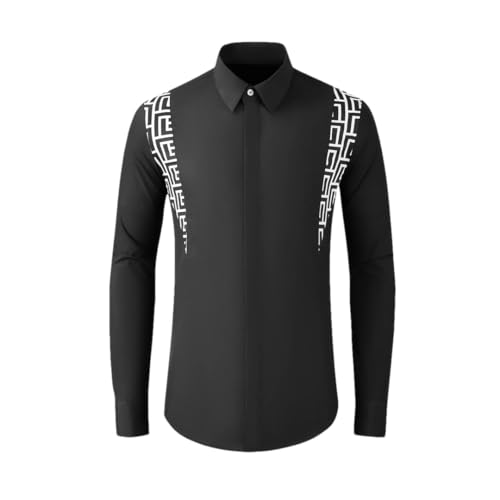 Camisa de vestir de manga larga para hombre, ajustada, para fiestas sociales, calle, escenario, Negro, XXL