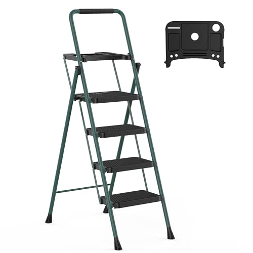 HBTower Folding 4-Step Steel Ladder with Handrails for Home, Kitchen, Office, and Library - Green