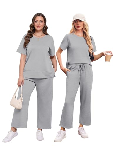 Image of XIEERDUO Women's Side Slit Lounge Sets 2026 Fashion 2 Piece Travel Outfits Cozy Loungewear Wide Leg Tracksuits S-3XL