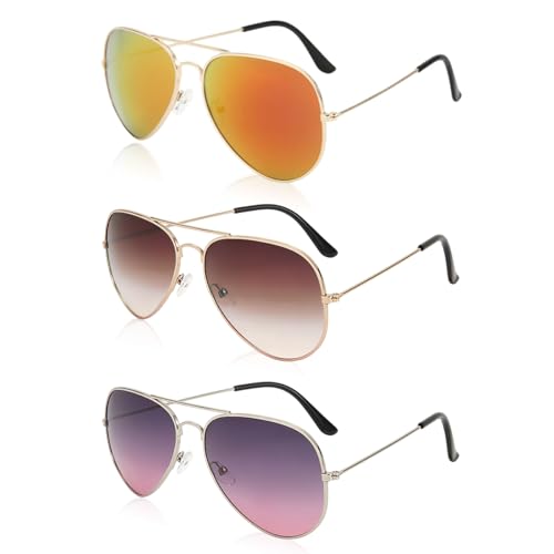 SAIIURV 3 Paires Lunettes de Pilote avec Verres Teintés Pour Femmes Hommes, Anti UV Lunette de Soleil Polarisante Classique Rétro pour la Conduite, Voyage,...