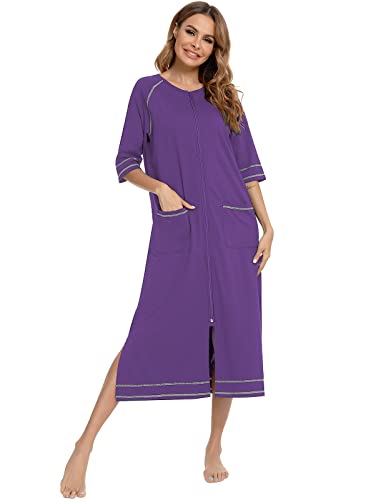 Image of Veseacky Women Robe Zipper Front House Coat 3 /4 Sleeve Nightgown Full Length Ladies Lounge Dress with Pockets S-XXL